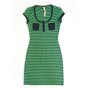 BAILEY 44 Green navy stripe ponte knit cap sleeve pocket mini dress XS